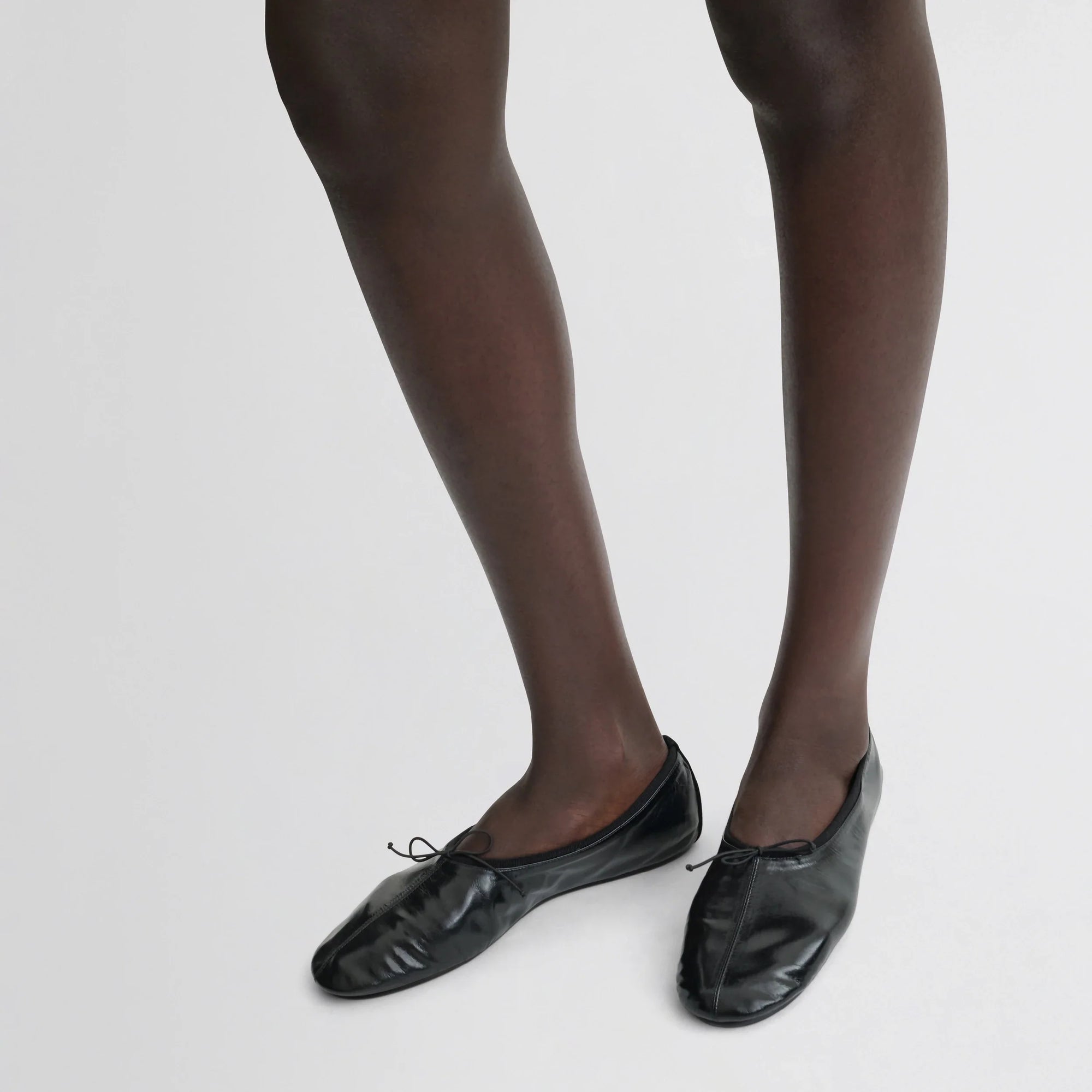 Gathered Flat in Black Shiny Calf Leather