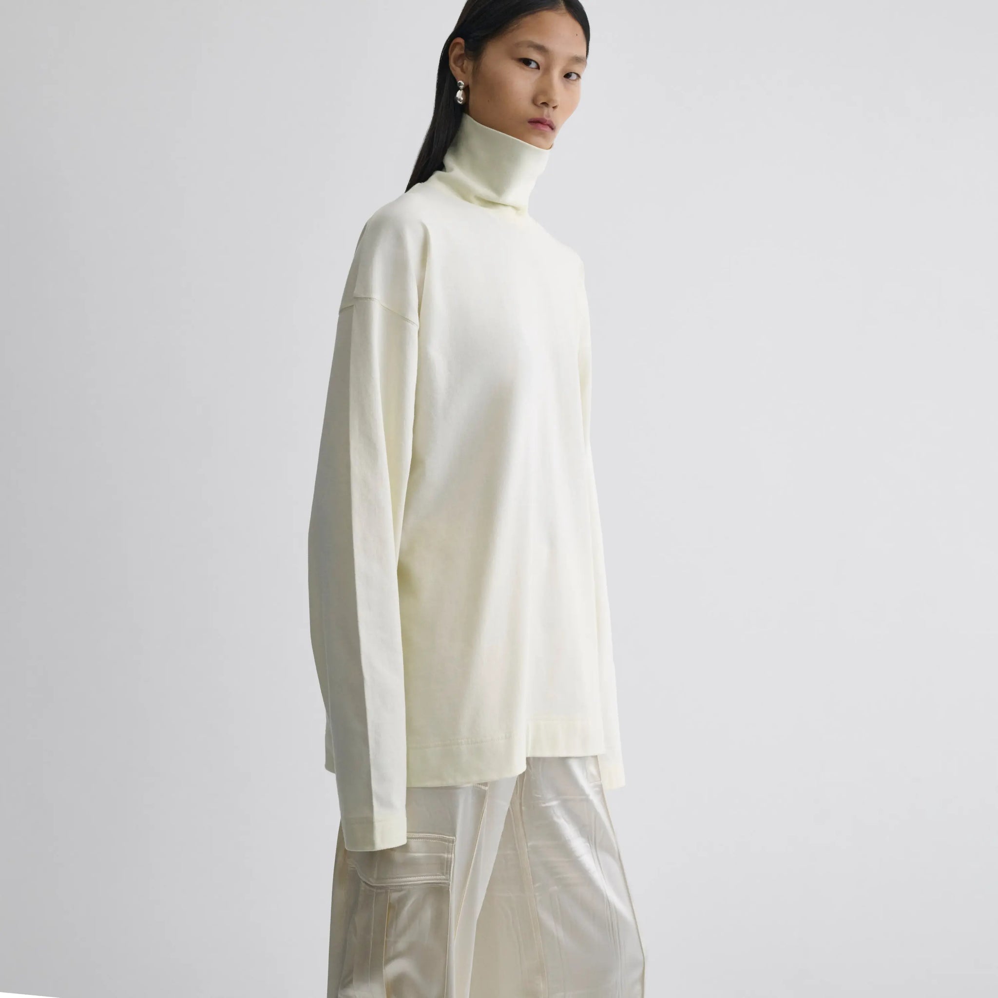 Relaxed Long Sleeve Top With Ribbed High Neck Collar