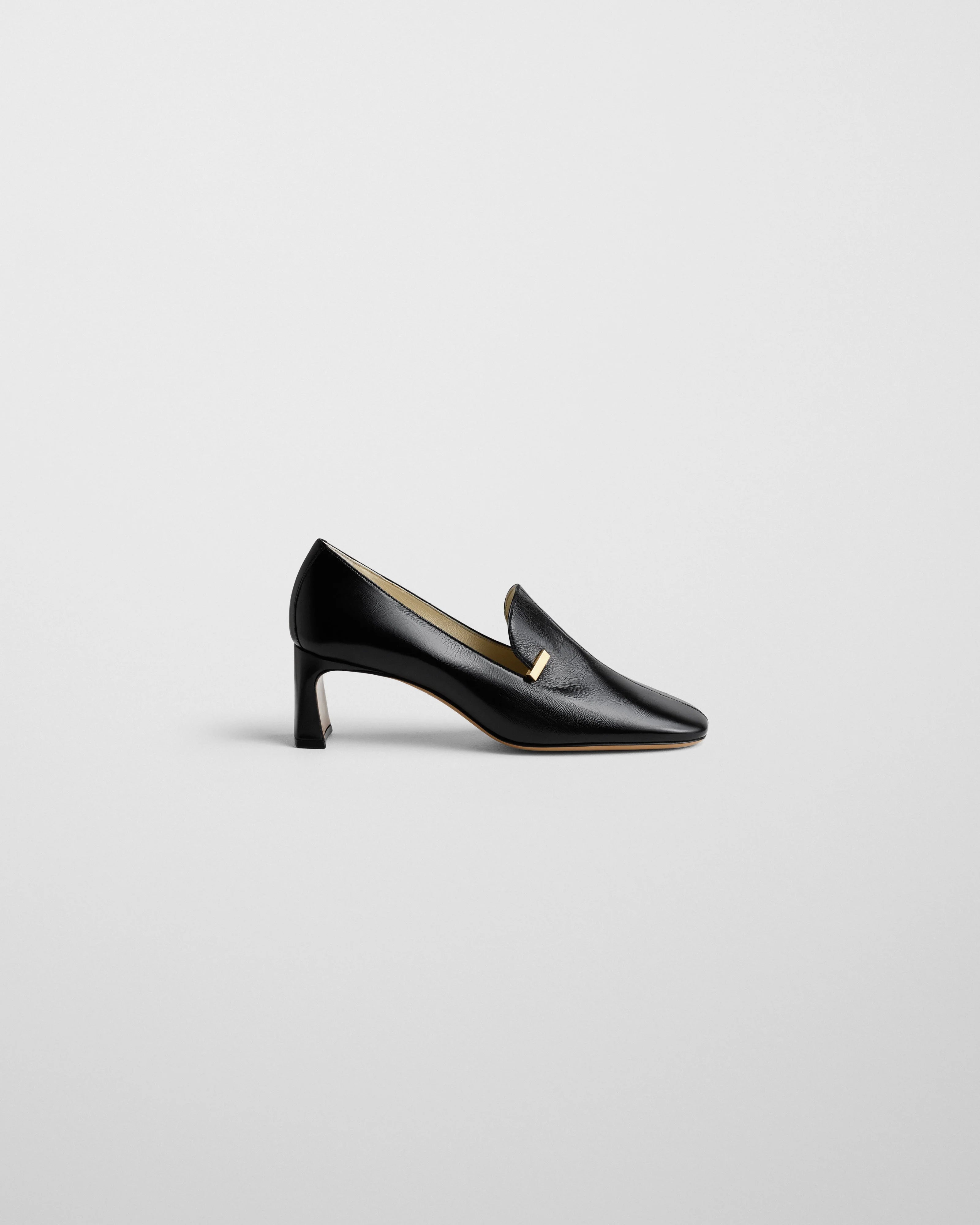 Club Loafer w 60mm Heel in Shiny Black Calf Leather