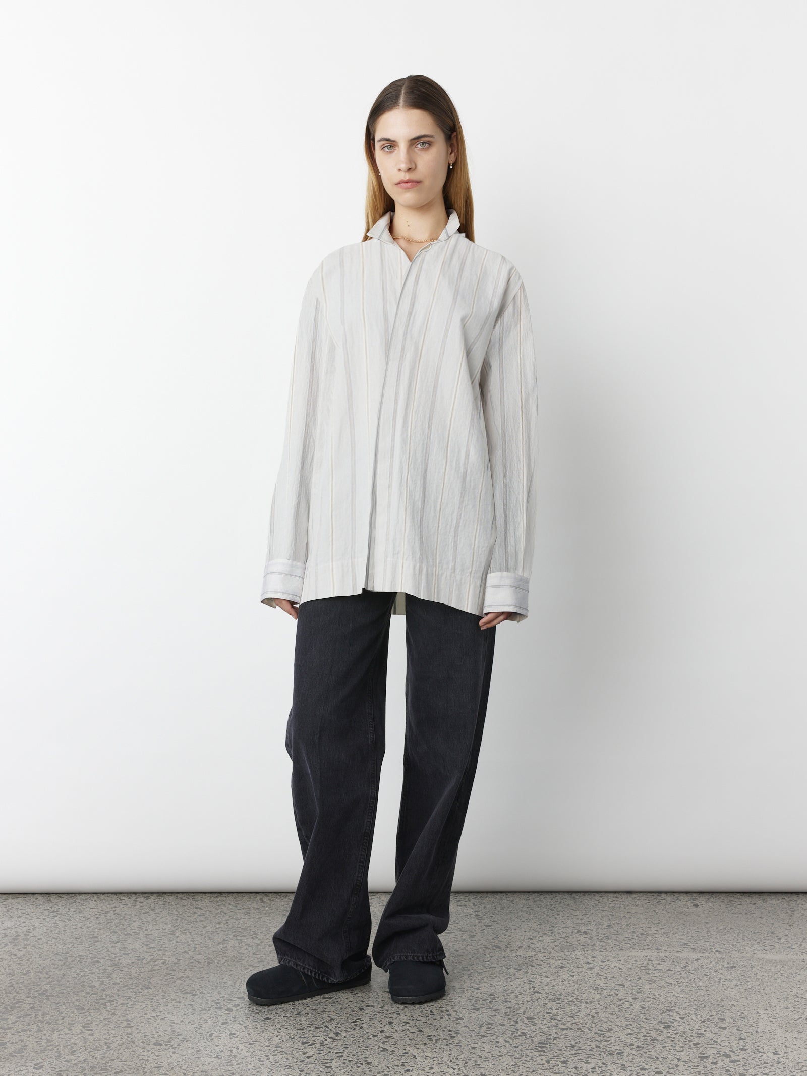 Stand Collar Shirt - Dove Grey Stripe