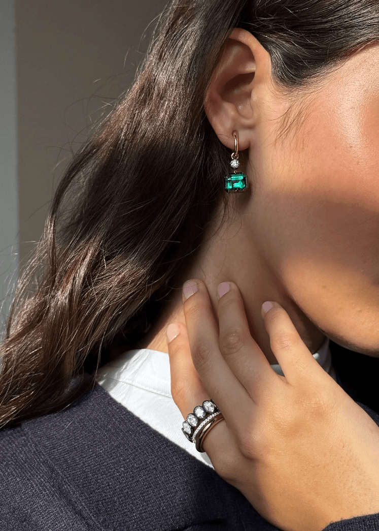 Gypsets - Asymmetric Emerald cut Emerald & Diamond