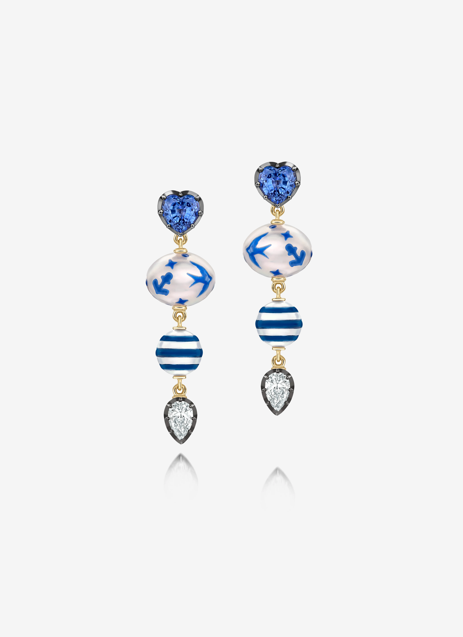 Double Pearl, Diamond and Sapphire Earrings