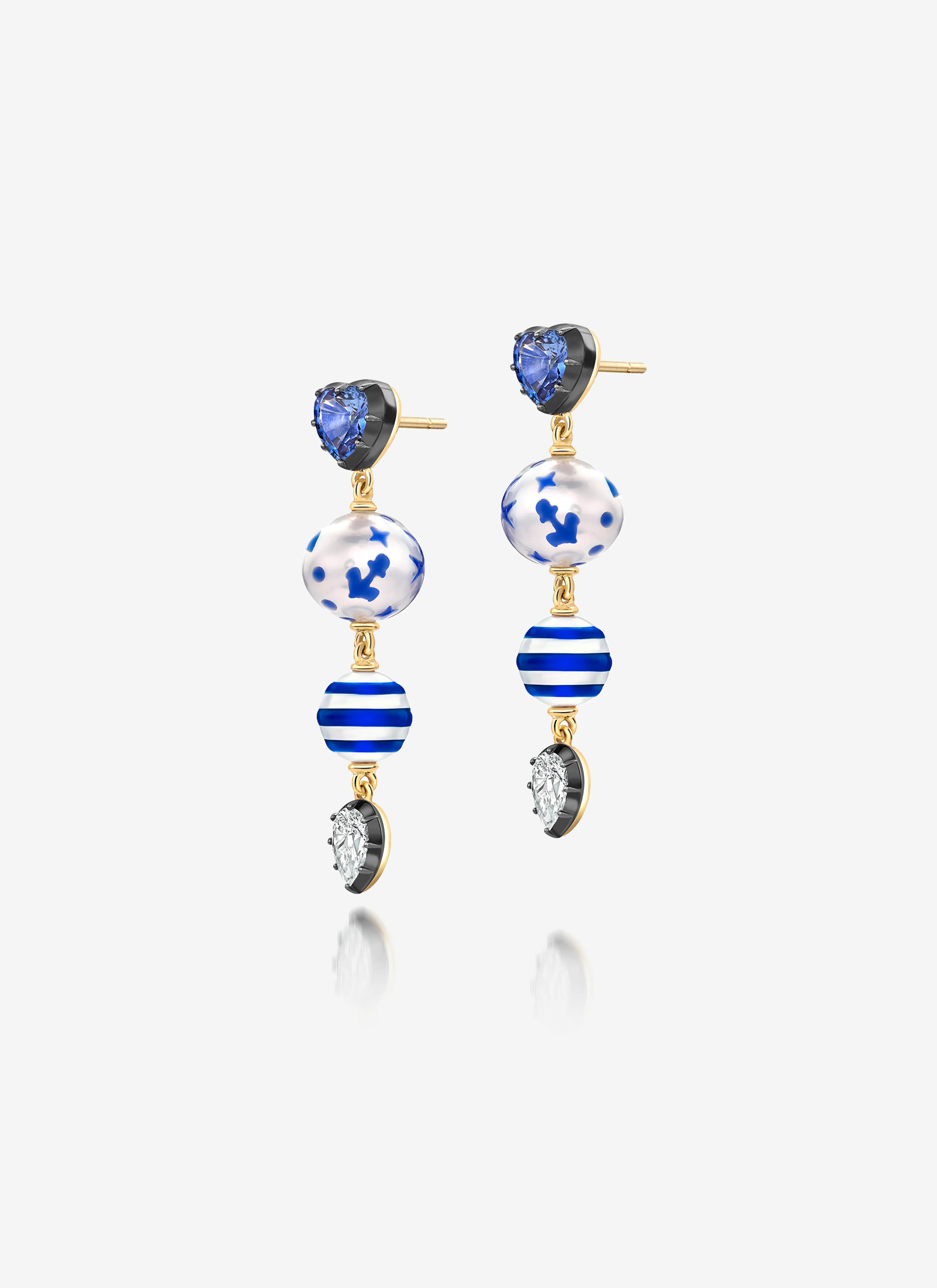 Double Pearl, Diamond and Sapphire Earrings