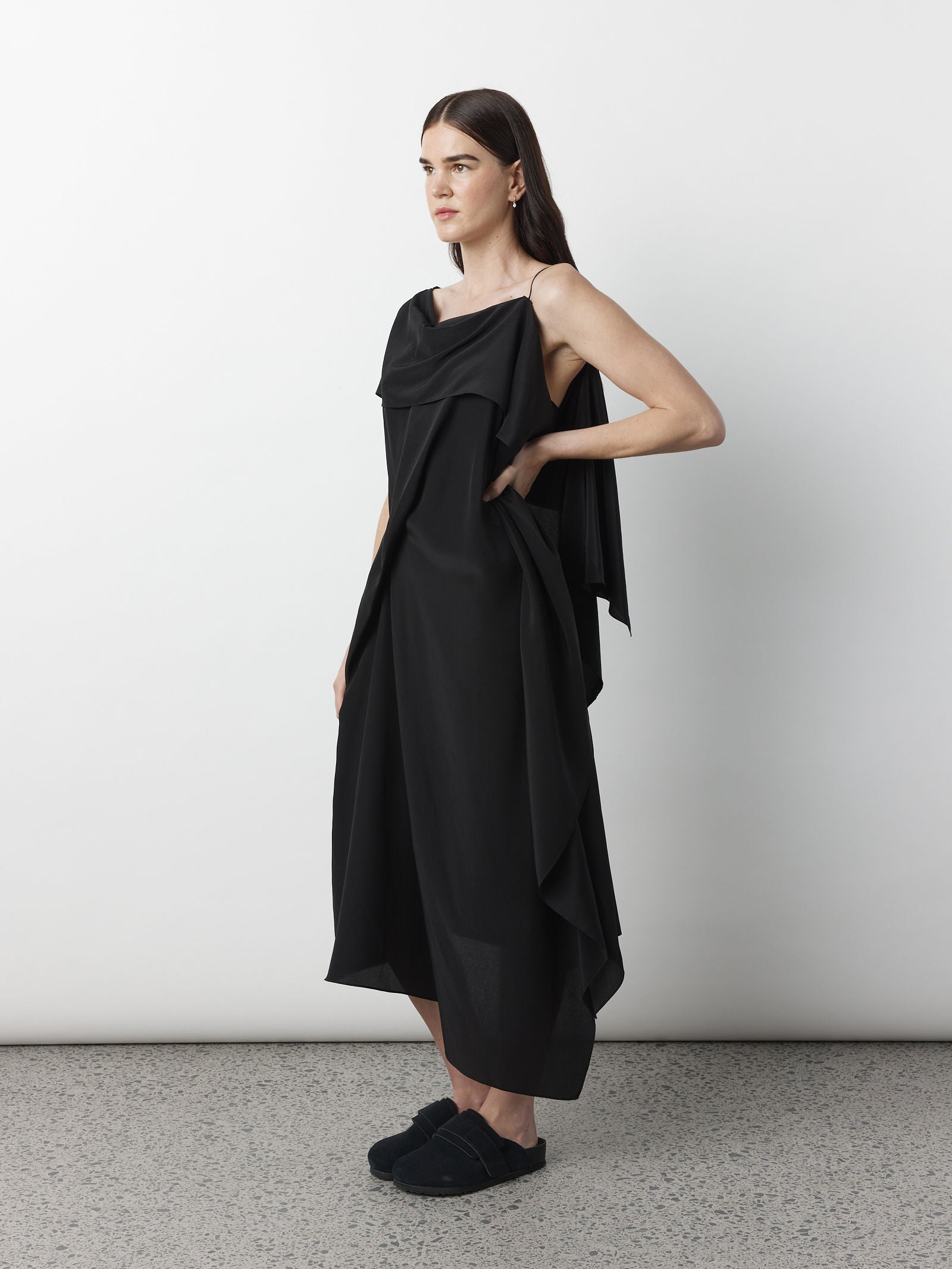 Origami Drape Dress in Black Silk