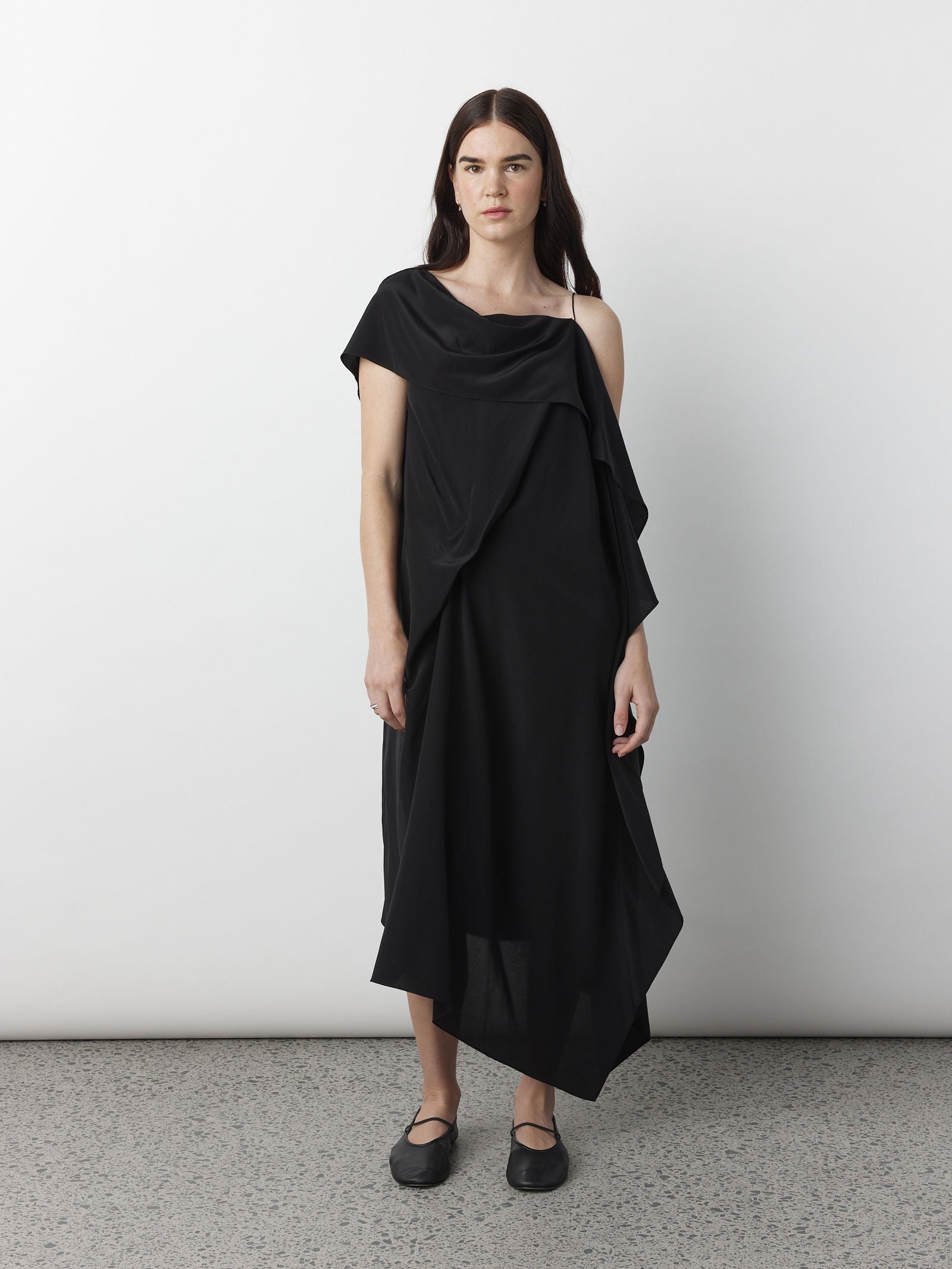 Origami Drape Dress in Black Silk