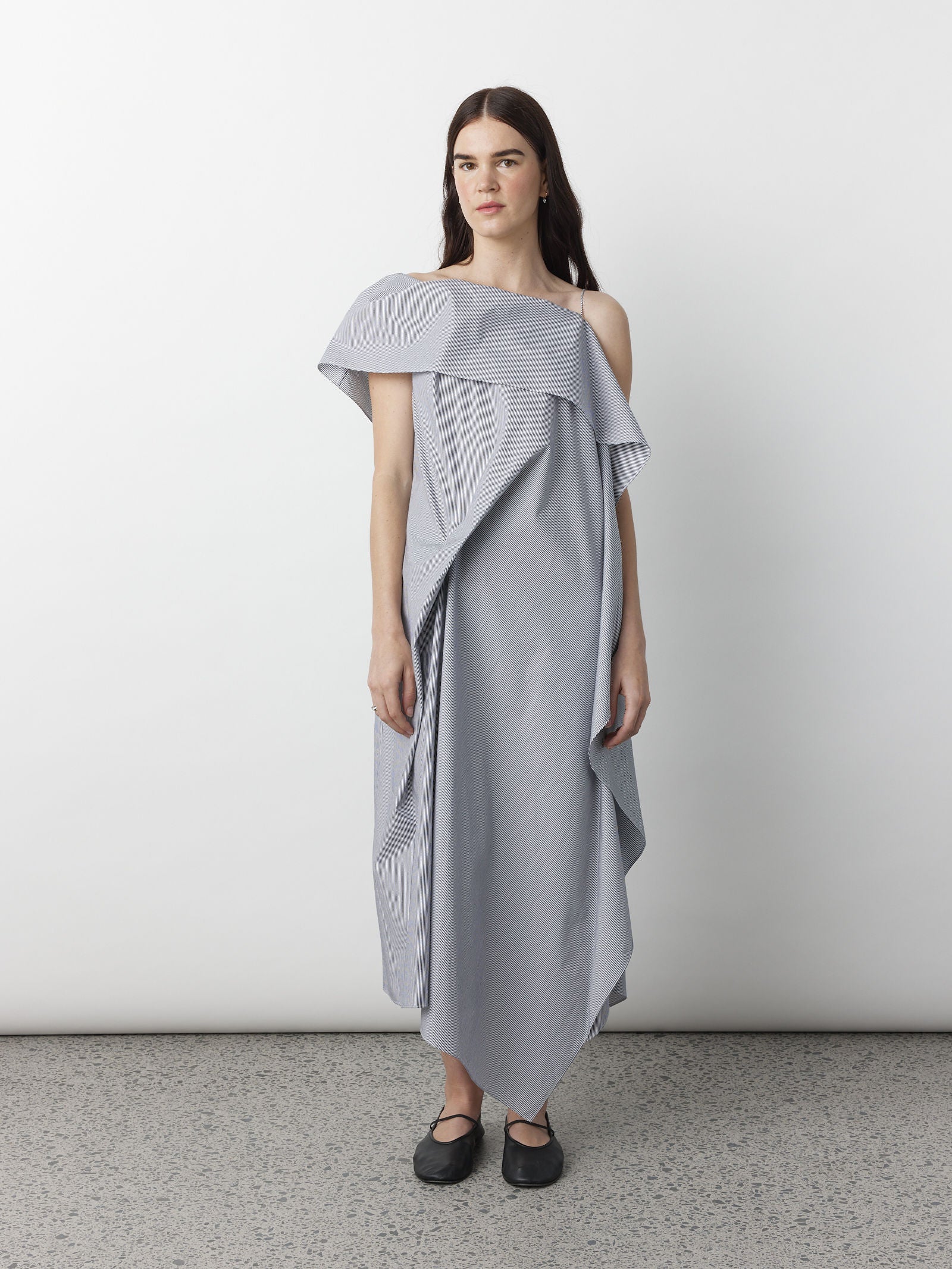 Origami Drape Dress in Navy/White Stripe