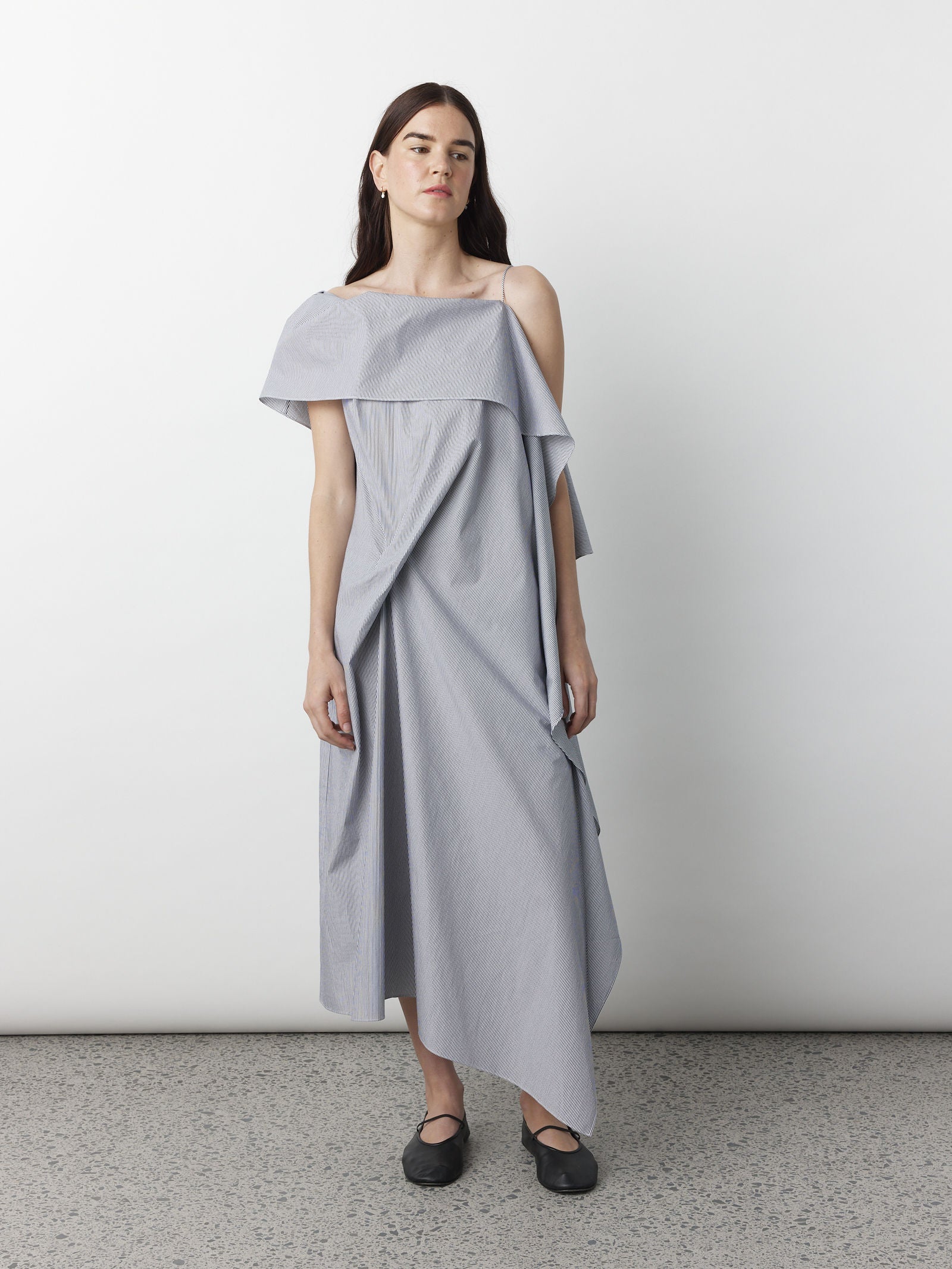 Origami Drape Dress in Navy/White Stripe