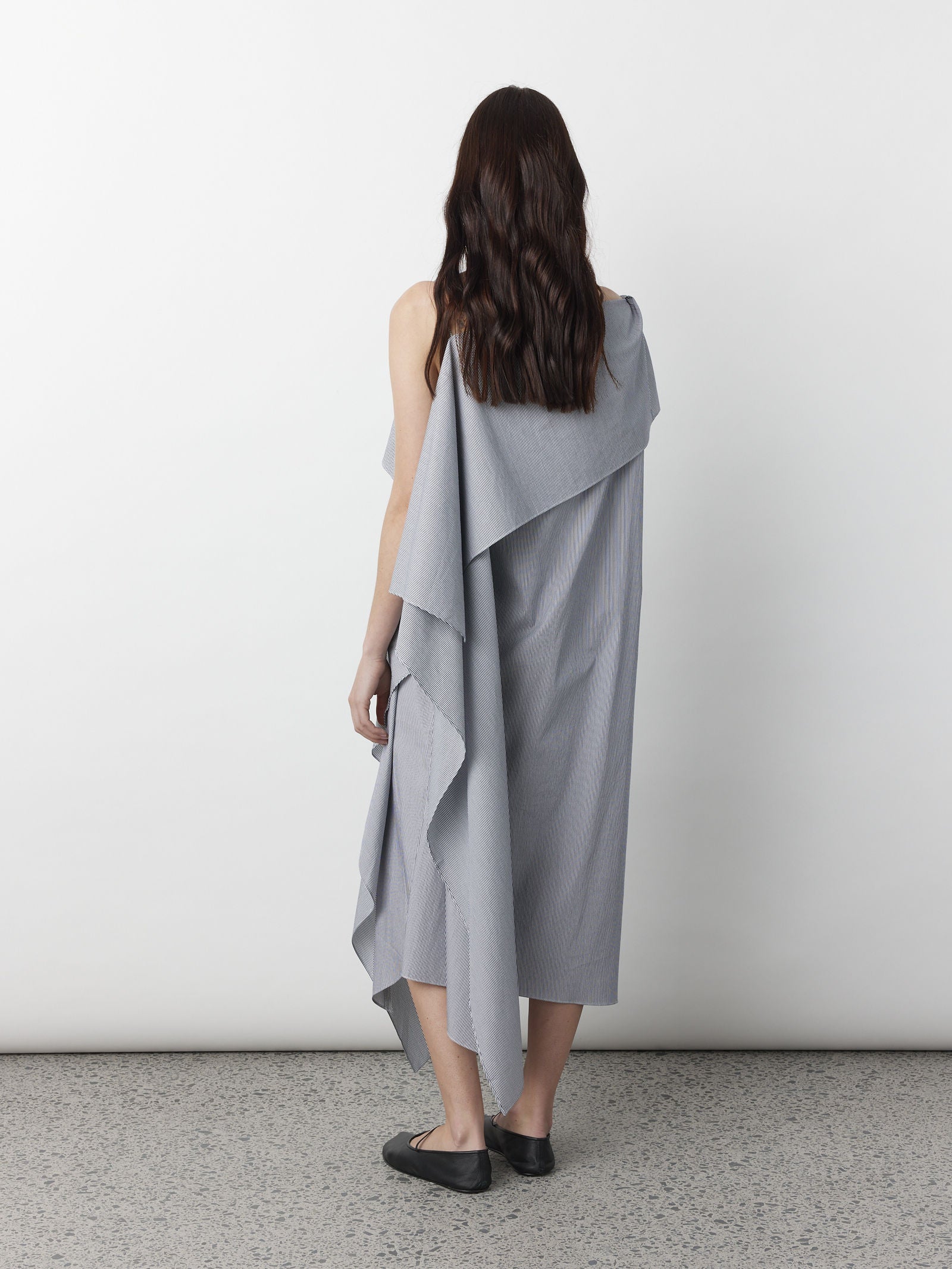 Origami Drape Dress in Navy/White Stripe