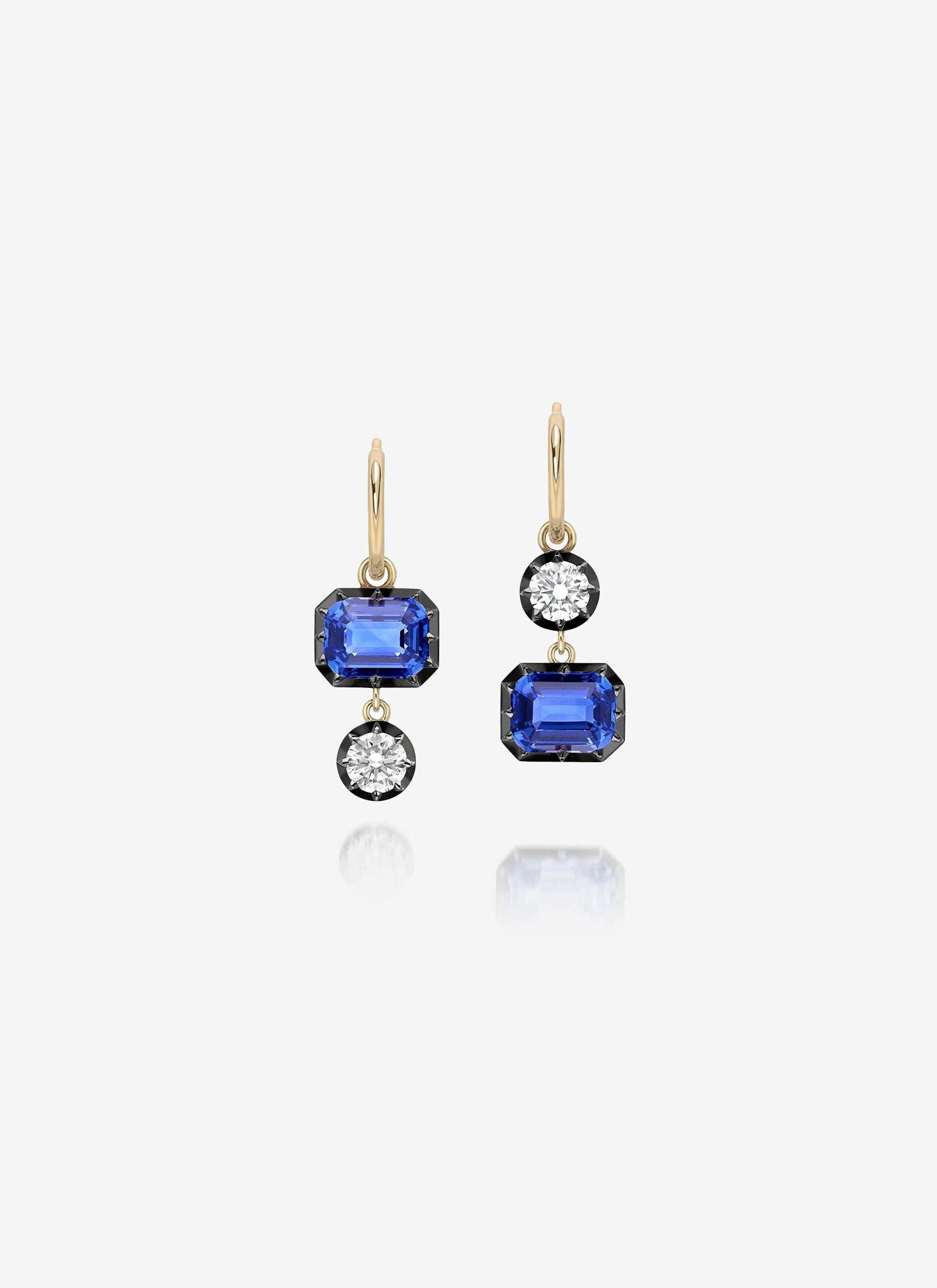 Asymmetric Emerald cut Sapphire & Diamond Hoop Earrings