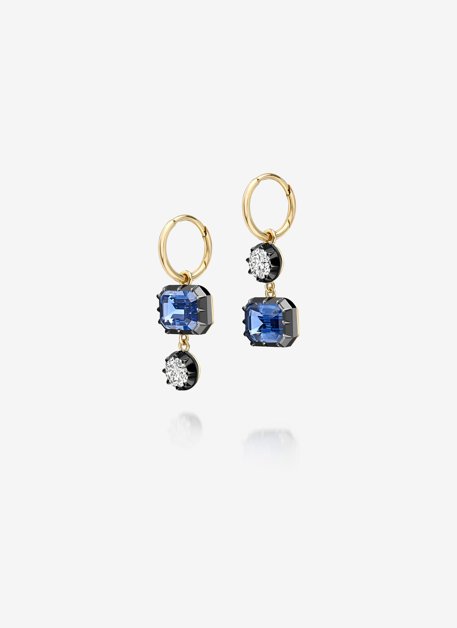 Asymmetric Emerald cut Sapphire & Diamond Hoop Earrings