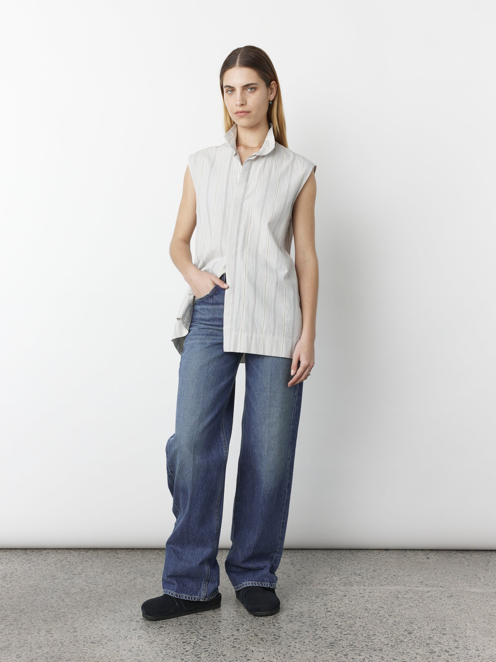 Sleeveless Stand Collar Shirt - Dove Grey Stripe