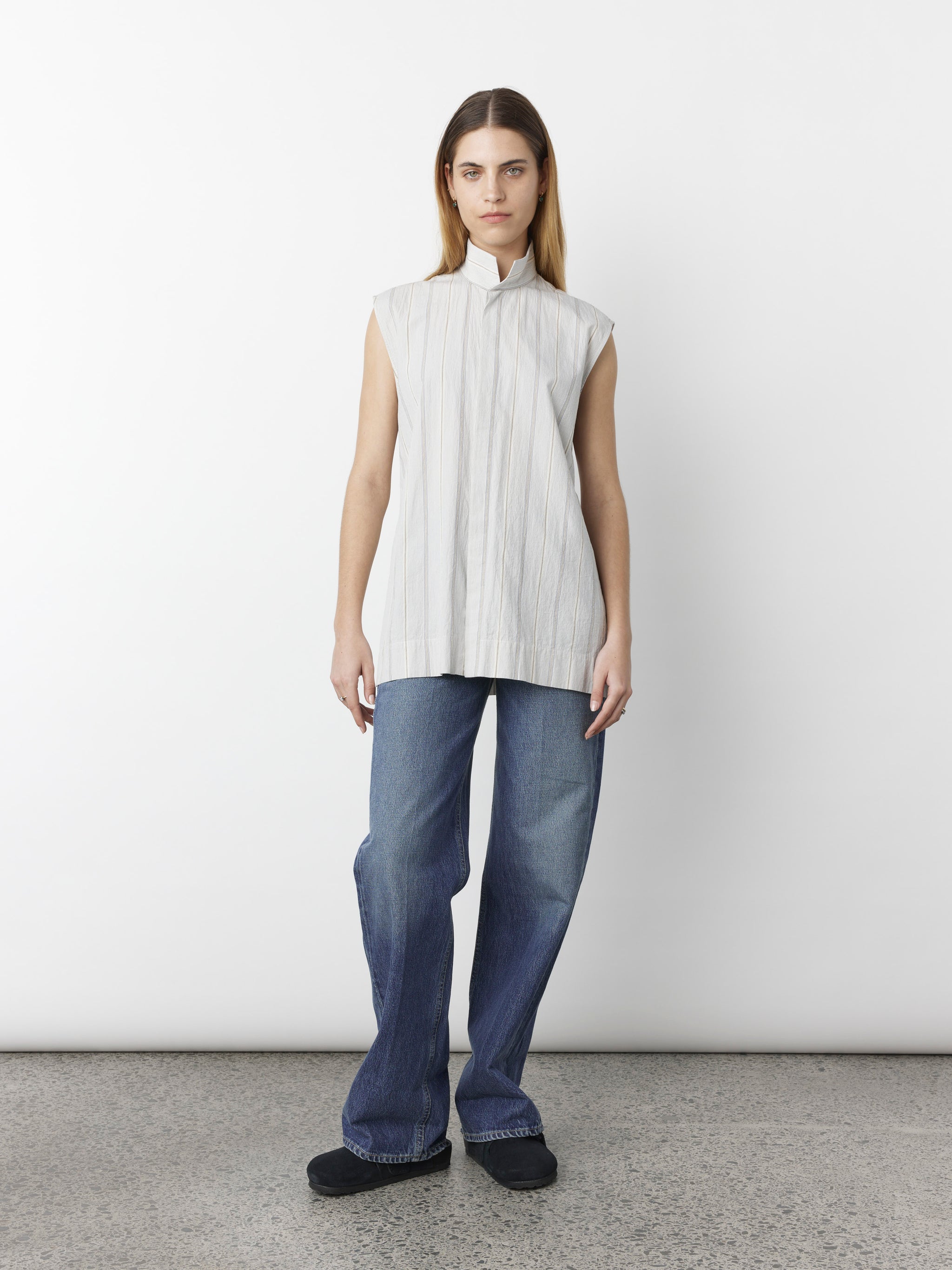 Sleeveless Stand Collar Shirt - Dove Grey Stripe