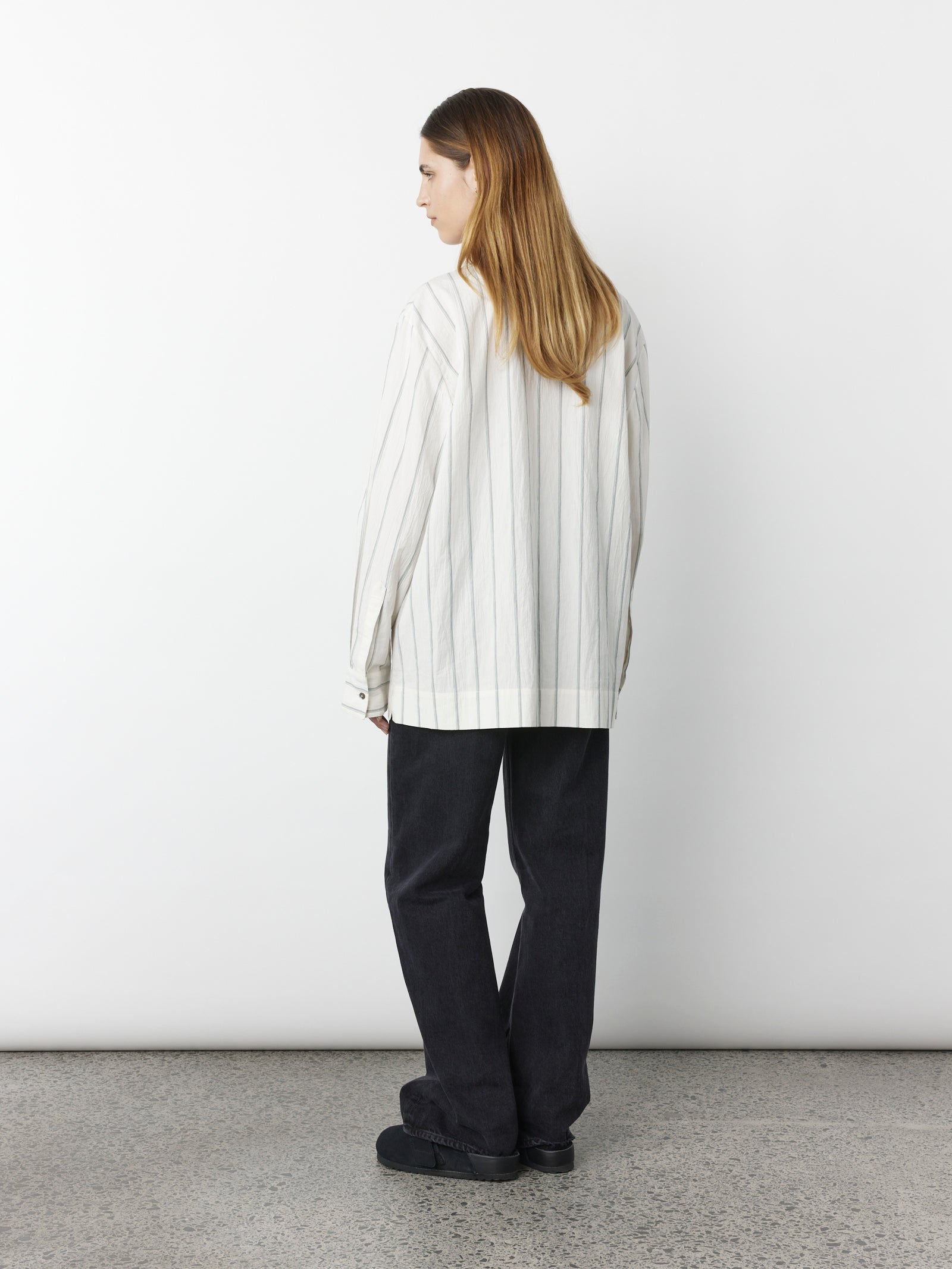 Stand Collar Shirt - Ivory, Jade & Black Stripe