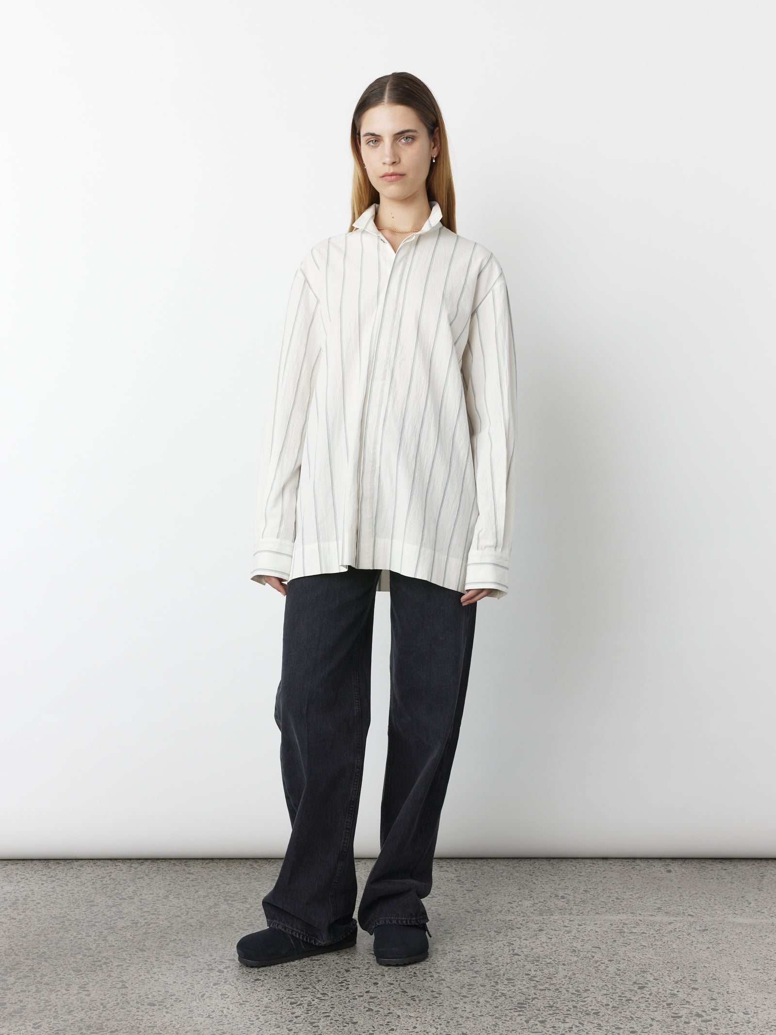 Stand Collar Shirt - Ivory, Jade & Black Stripe