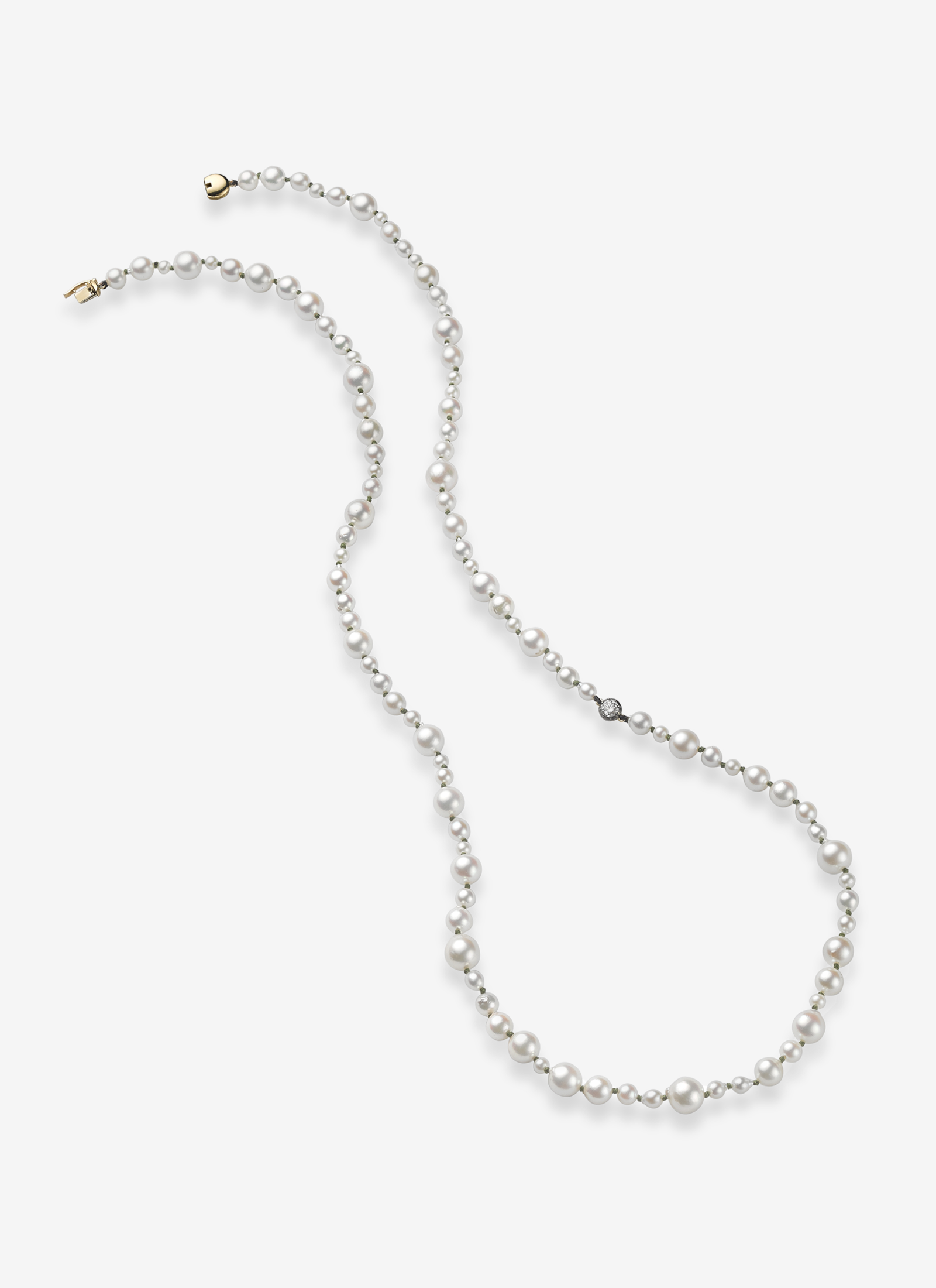 Beaches Pearl Necklace - 30" 18K Gold Necklace with 0.40ct diamond & pearls